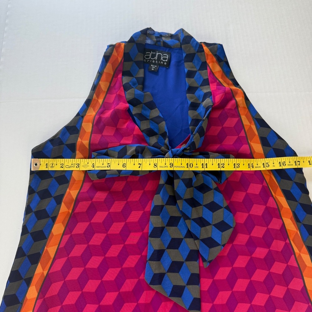 Atina Cristina Geometric Cube Print Tie Neck Shift Mini‎ Dress Pink Blue XS USA - Picture 5 of 7